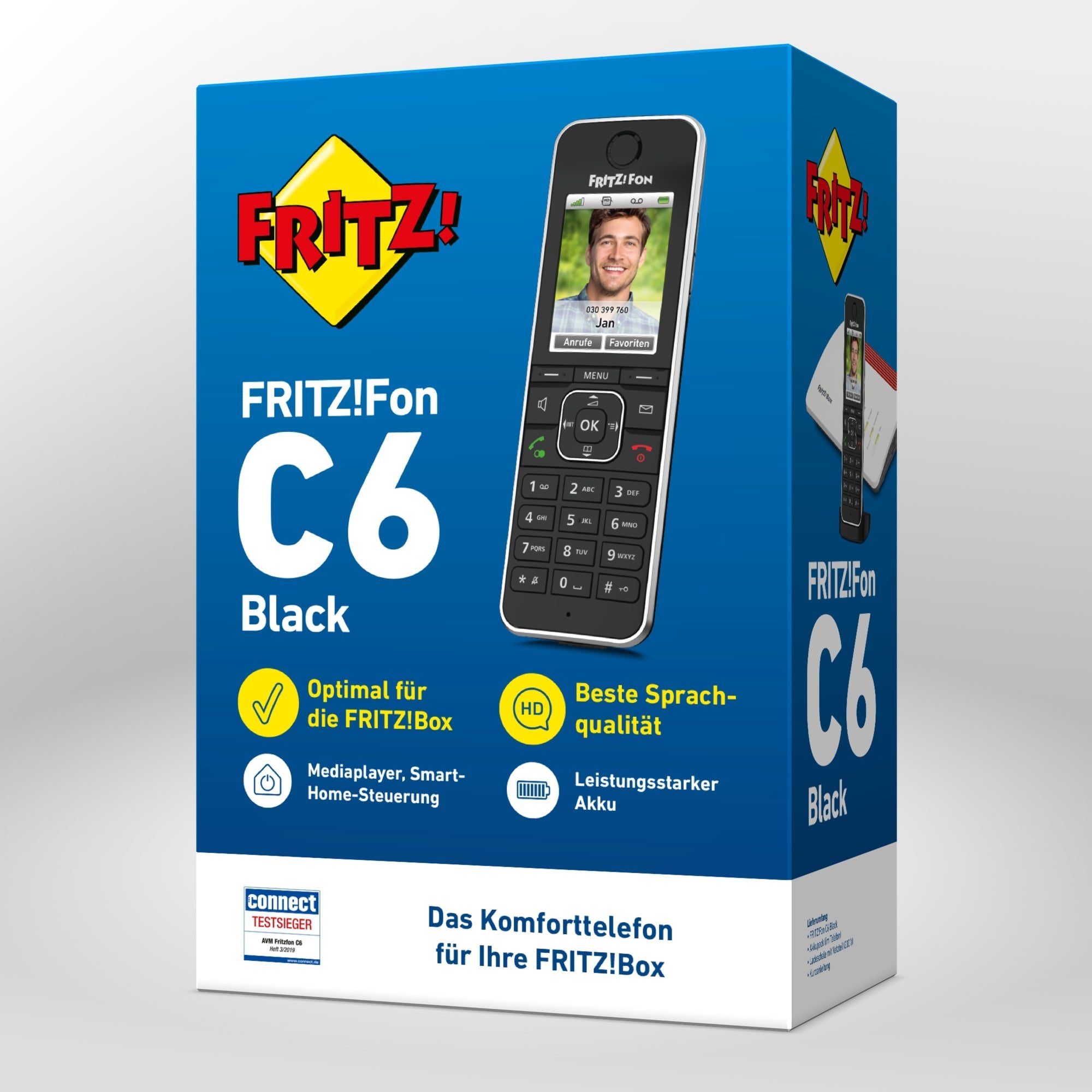 Verpackung von FRITZ!Fon C6 Black auf grauem Hintergrund