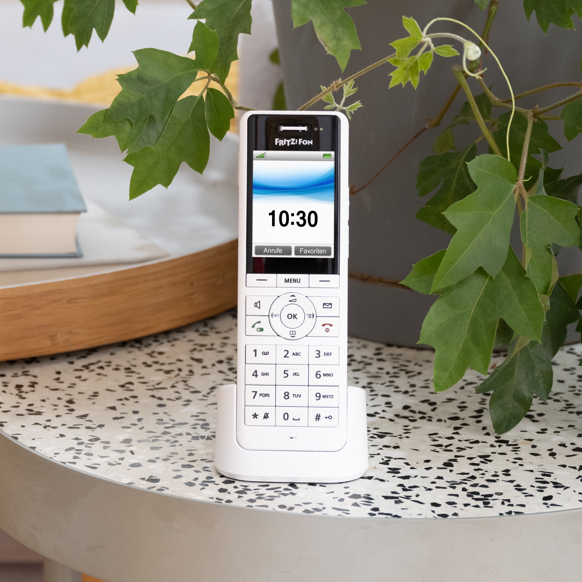 FRITZ!Fon X6 auf einem Tisch mit grünem Blattwerk, ideal für Telefonie und Smart Home, beste Sprachqualität