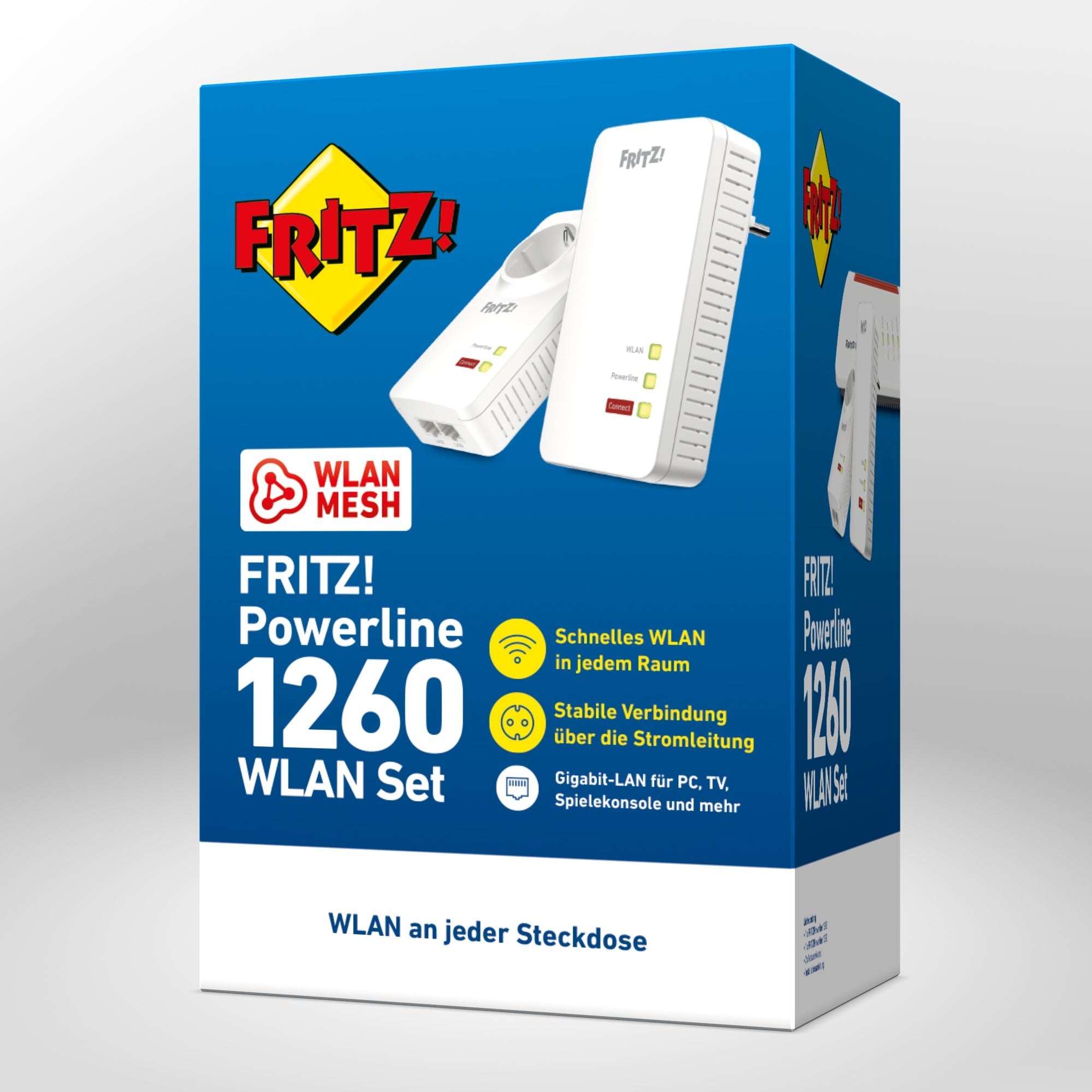 Verpackung von FRITZ!Powerline 1260 WLAN Set auf grauem Hintergrund, bietet schnelle WLAN-Verbindung und stabile Stromnetz-Datenübertragung.