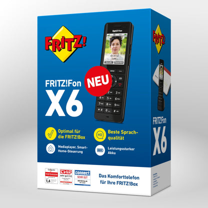 Verpackung von FRITZ!Fon X6 auf grauem Hintergrund