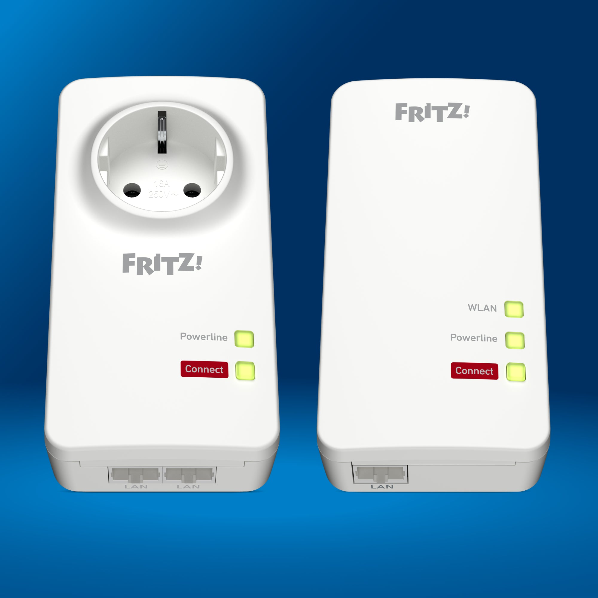 FRITZ!Powerline 1260 WLAN Set Adapter auf blauem Hintergrund