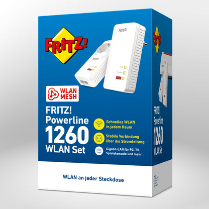 Verpackung von FRITZ!Powerline 1260 WLAN Set auf grauem Hintergrund, bietet schnelle WLAN-Verbindung und stabile Stromnetz-Datenübertragung.