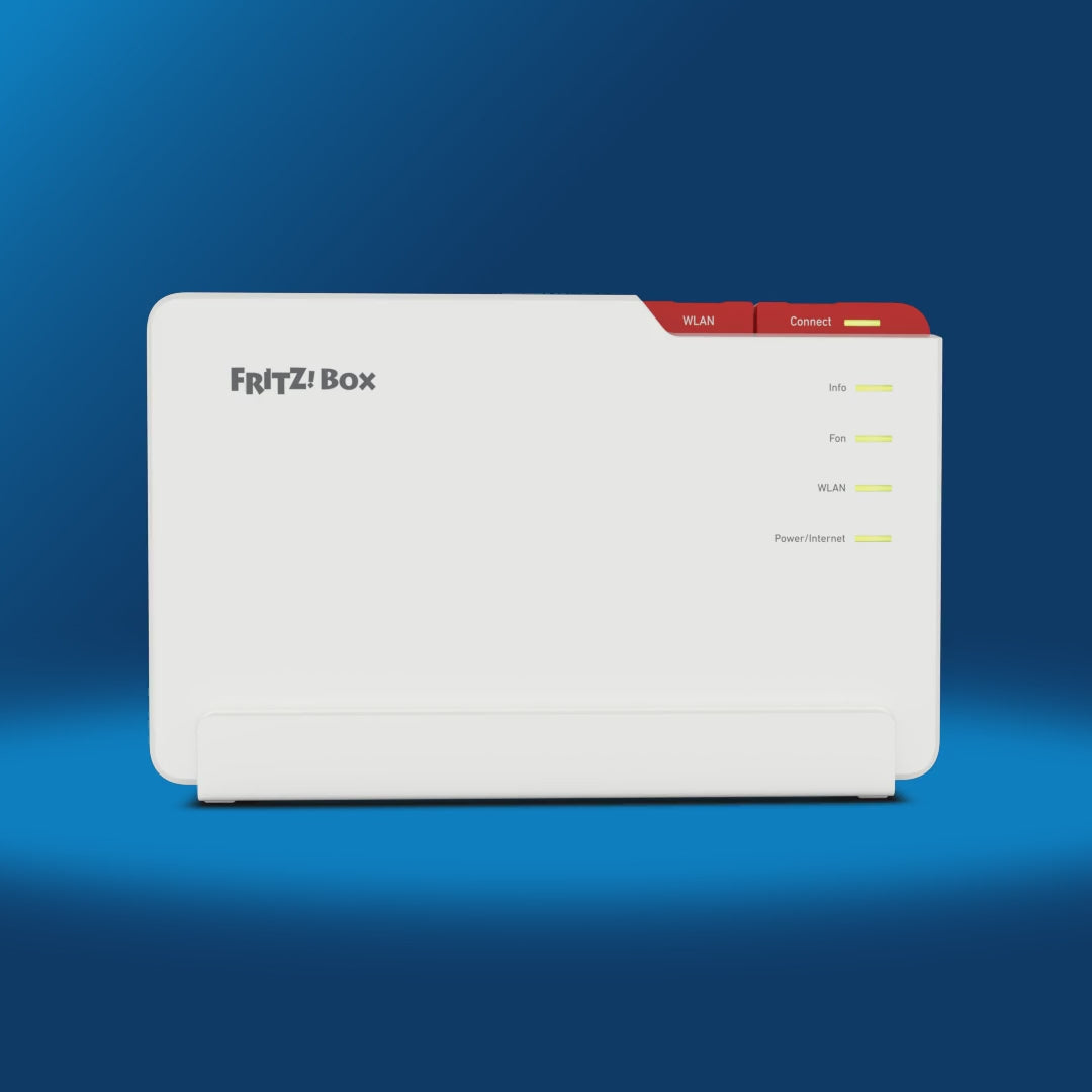 FRITZ!Box 5690 Pro Router mit WLAN und Smart Home Funktionen auf blauem Hintergrund